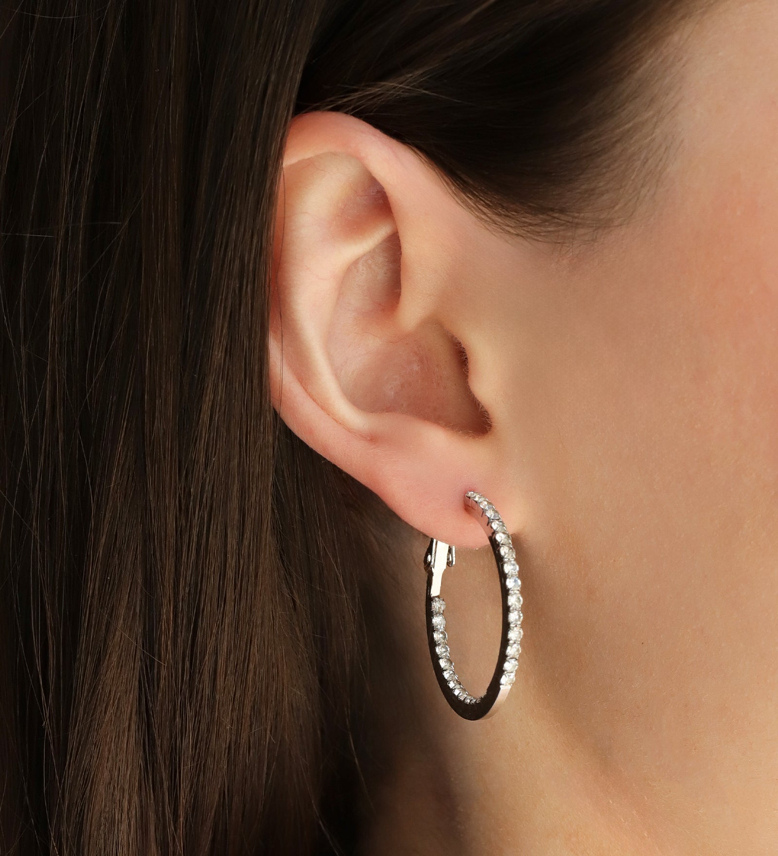 Double Vision Hoops | 30mm Silver Plated, White Crystal