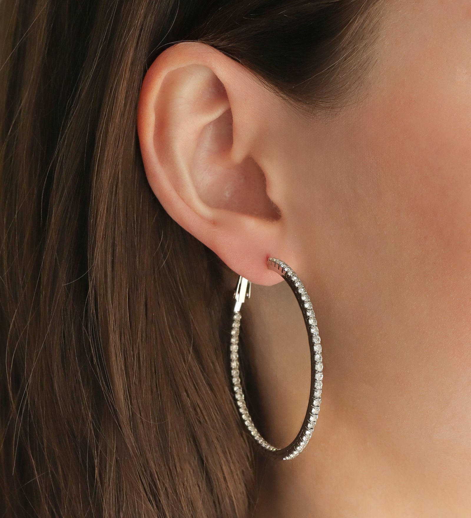 Double Vision Hoops | 50mm Silver Plated, White Crystal