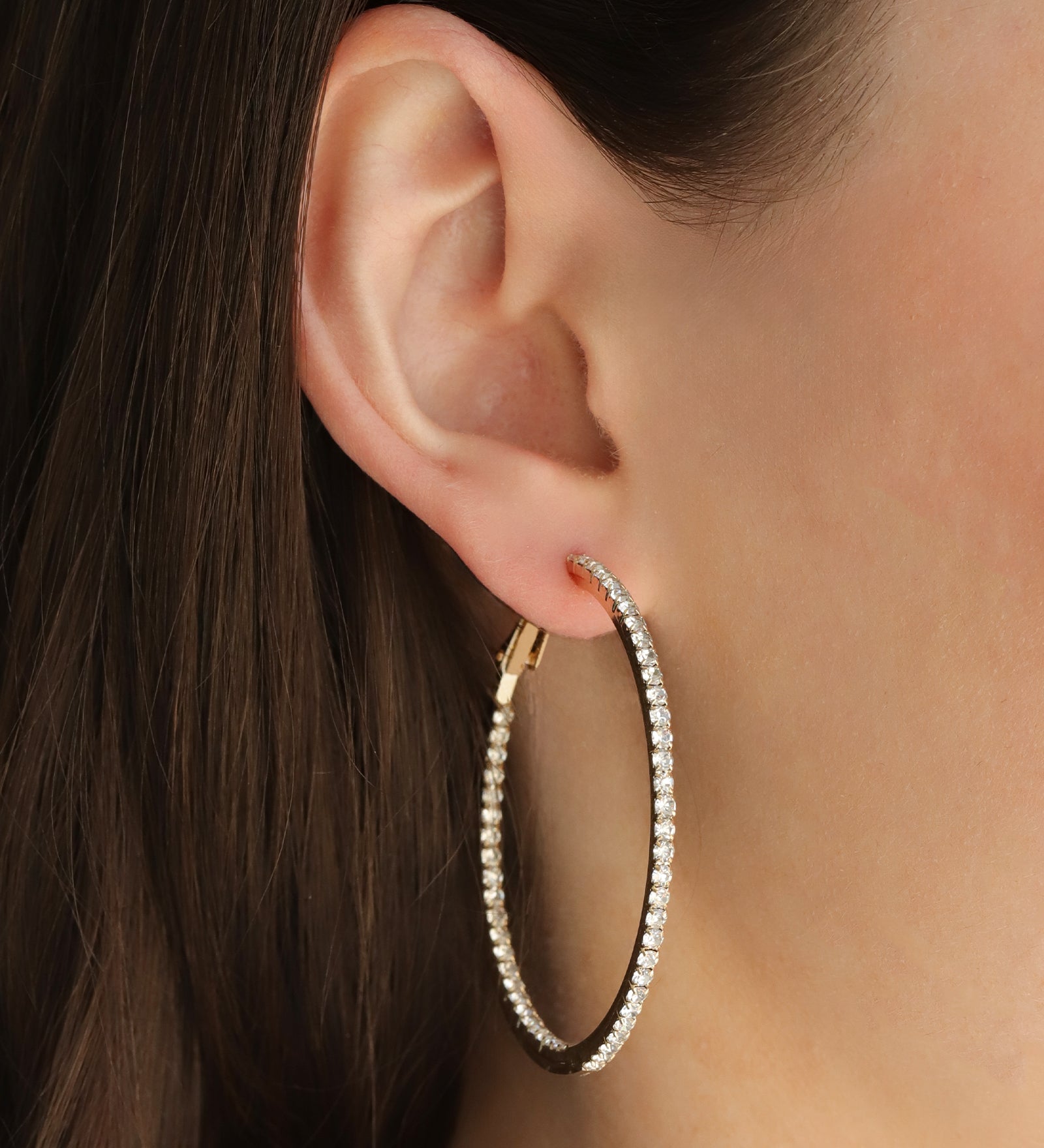 Double Vision Hoops | 50mm Gold Plated, White Crystal