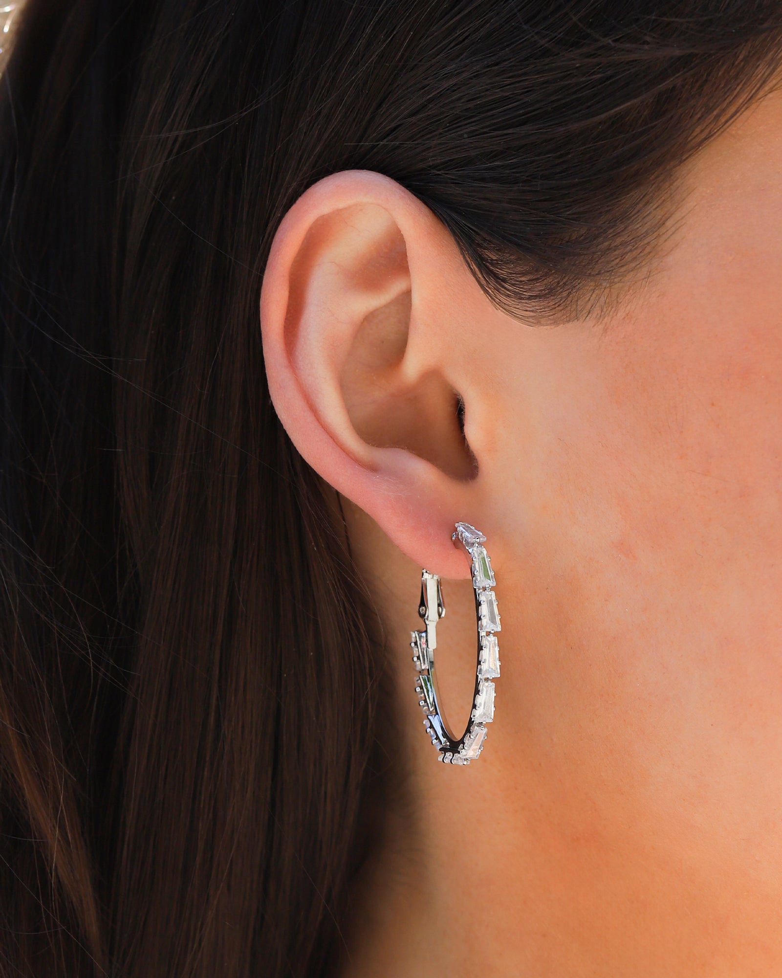 Baguette CZ Hoops Silver Plated, Cubic Zirconia