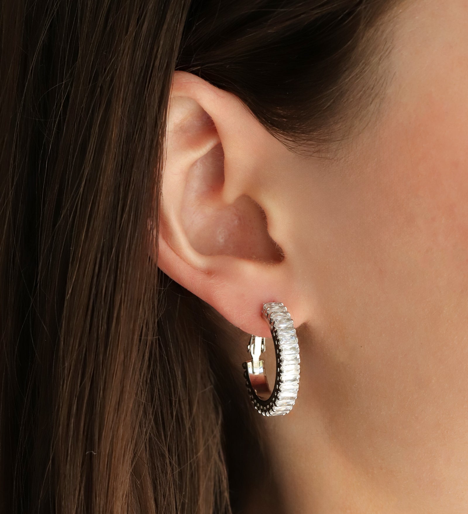 Baguette CZ Hoops | 25mm Silver Plated, Cubic Zirconia