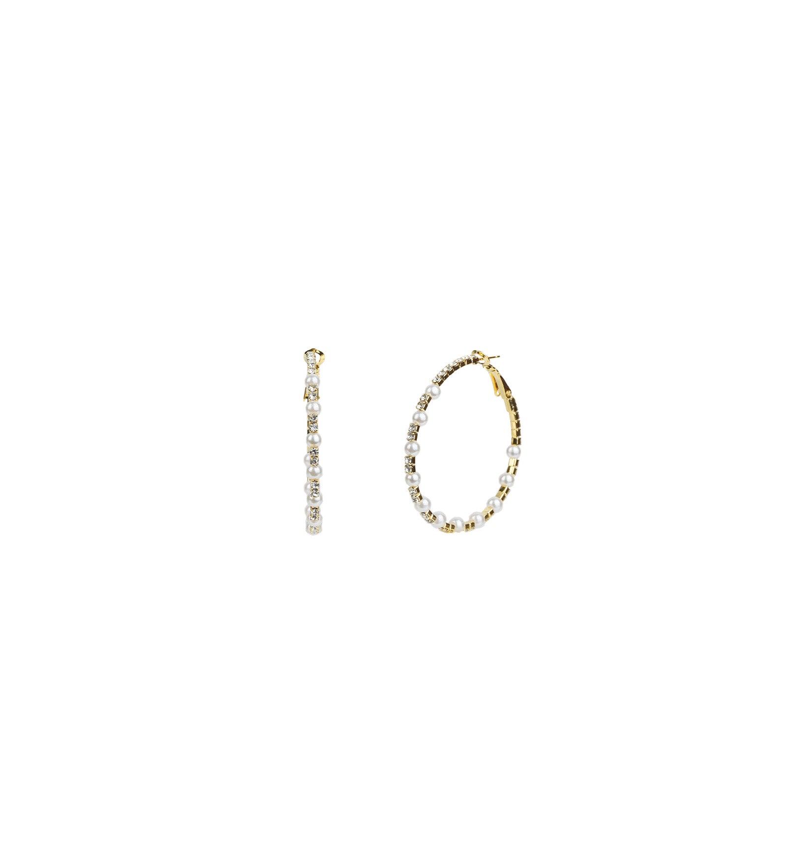 Mixed Pearl Crystal Hoops Gold Plated, White Crystal, White Pearl