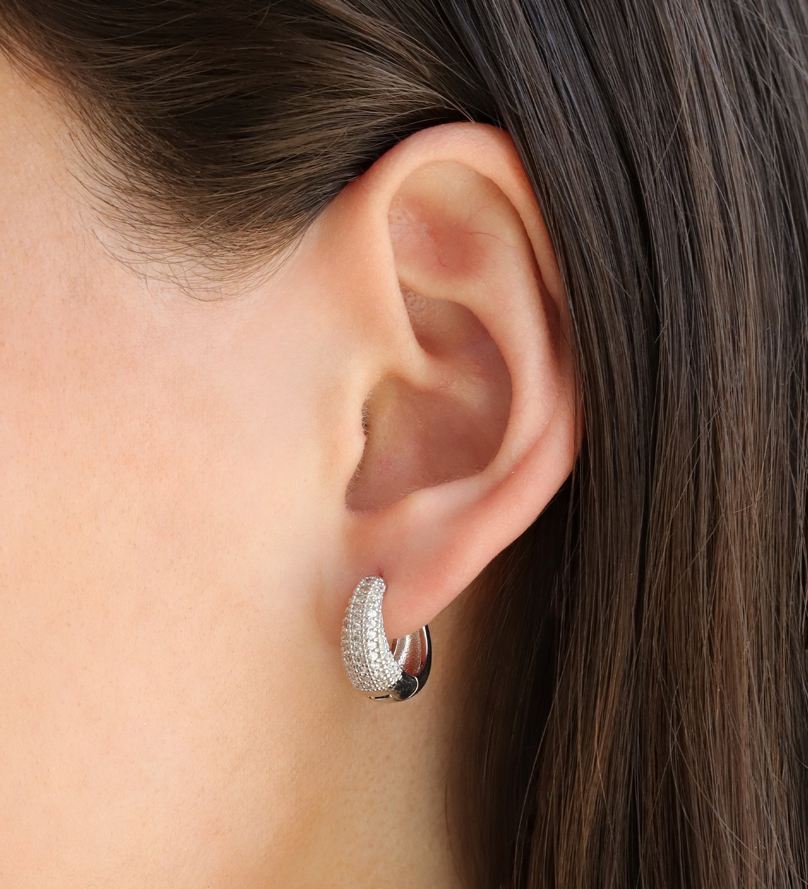 Half Pavé Tapered Huggies Silver Plated, White Crystal