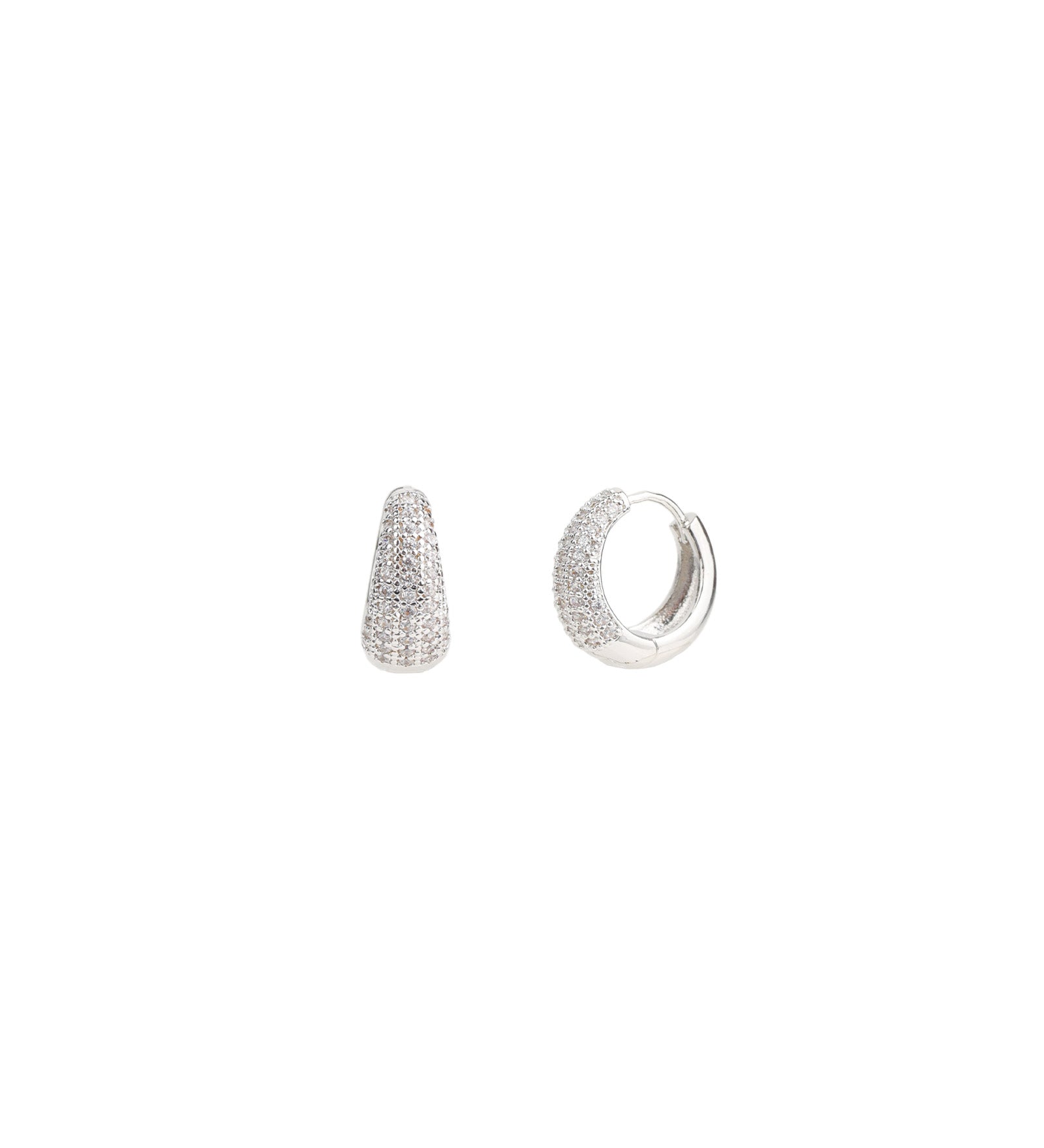 Half Pavé Tapered Huggies Silver Plated, White Crystal