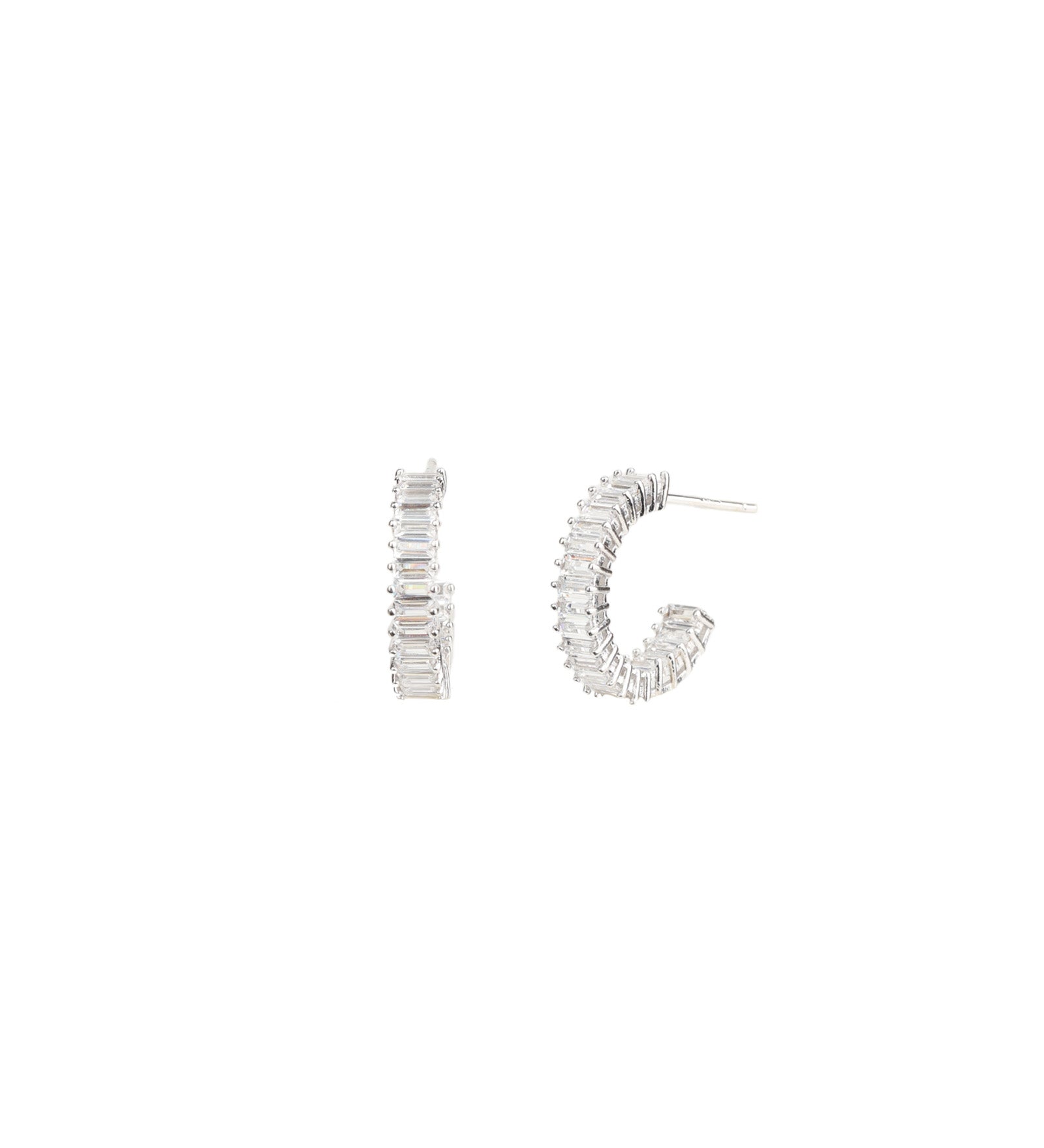 Baguette Hoops | 18mm Silver Plated, White Crystal