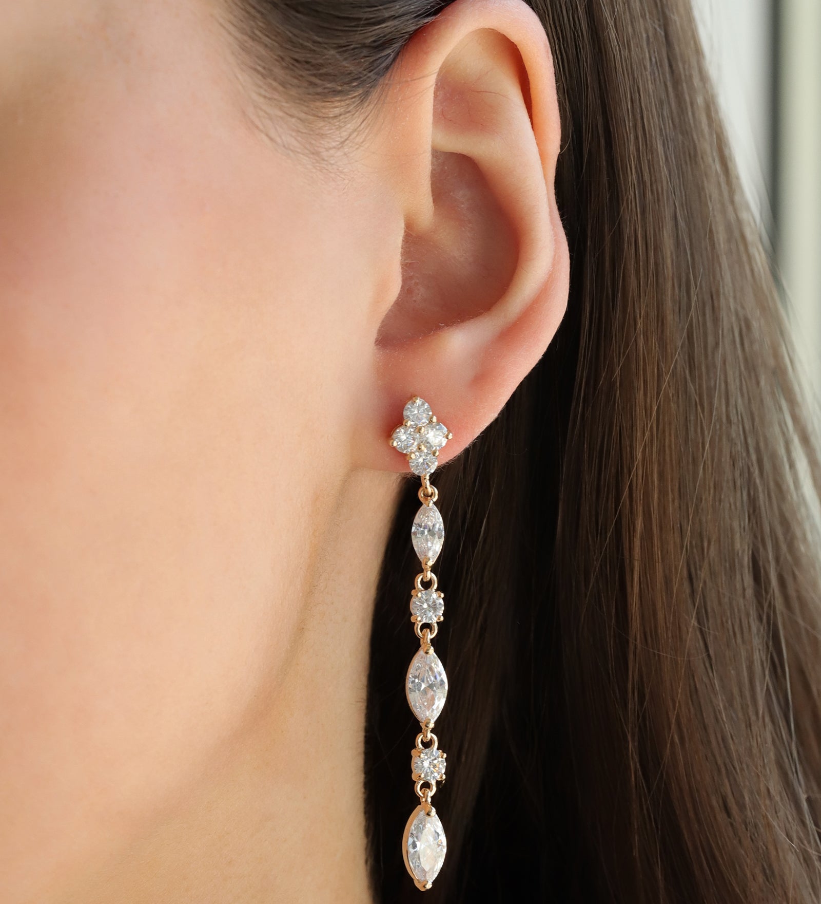 Long Marquise Round Crystal Earrings Gold Plated, White Crystal