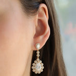 Teardrop Halo Flower Earrings Gold Plated, White Crystal