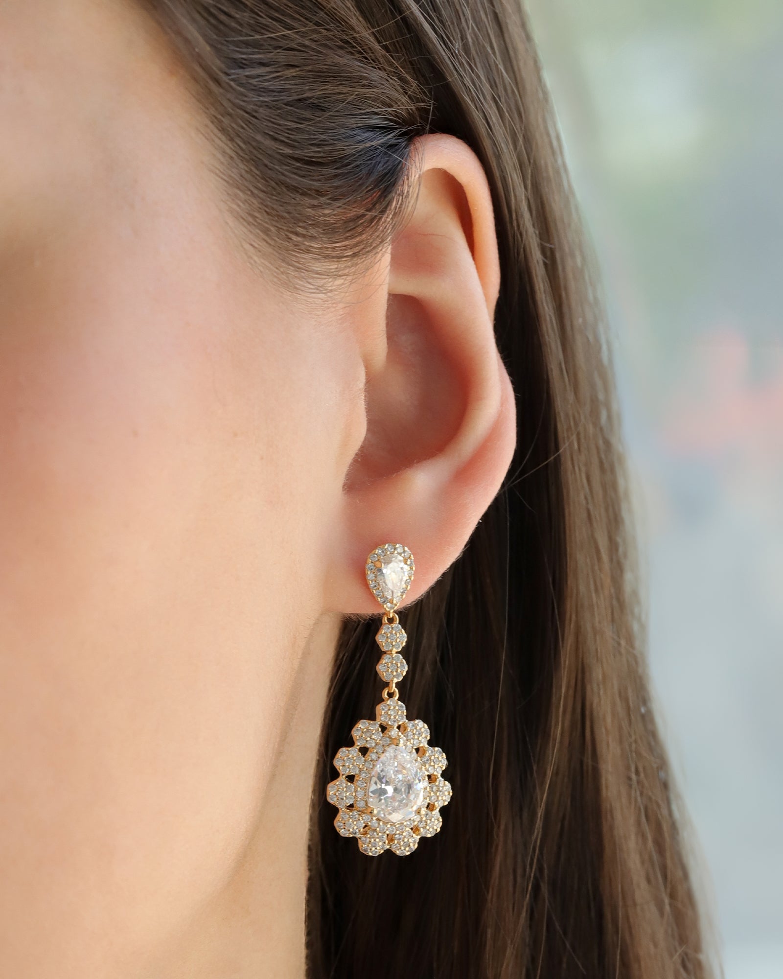 Teardrop Halo Flower Earrings Gold Plated, White Crystal