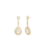Teardrop Halo Flower Earrings Gold Plated, White Crystal
