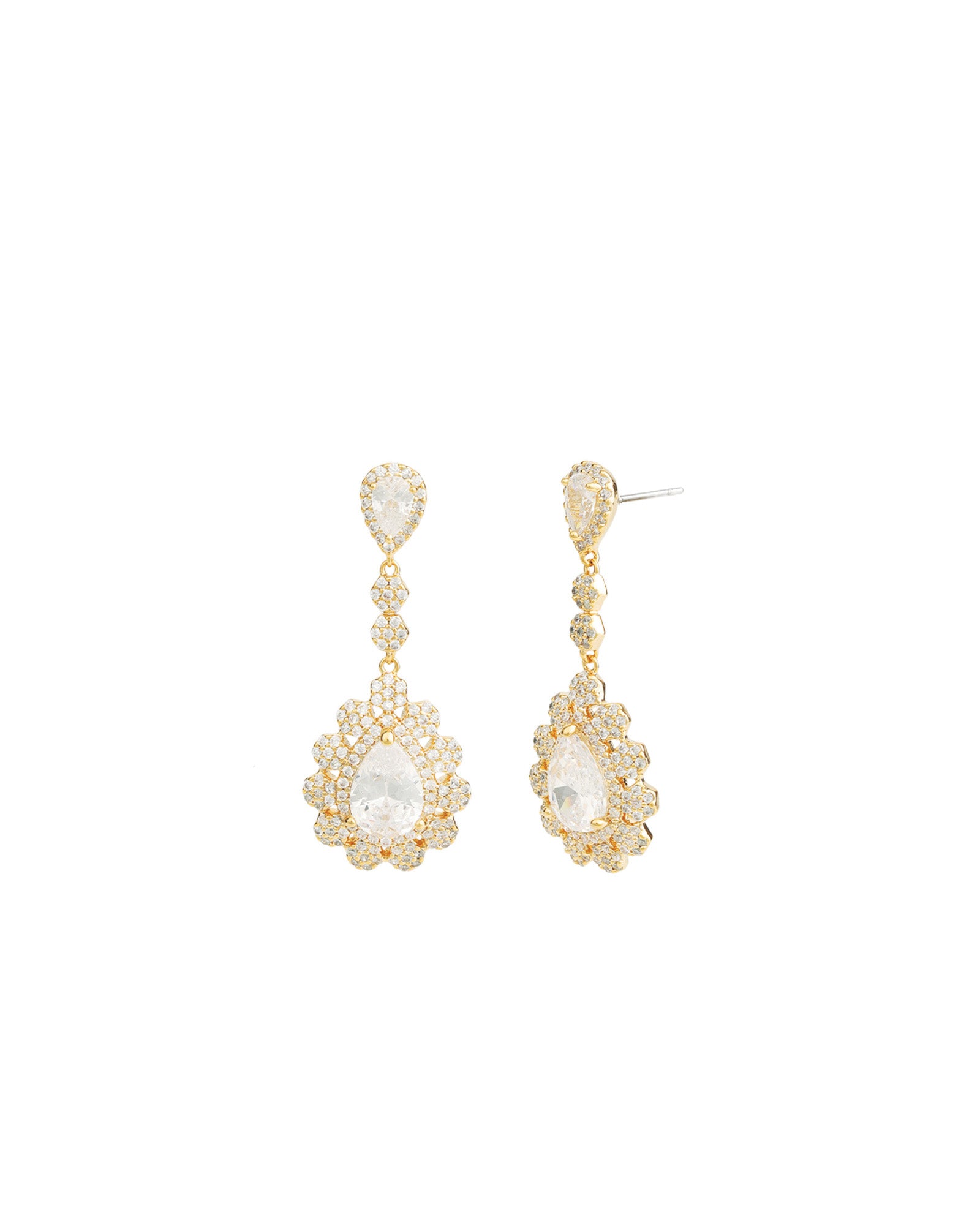 Teardrop Halo Flower Earrings Gold Plated, White Crystal