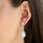 Teardrop Halo Flower Earrings Silver Plated, White Crystal