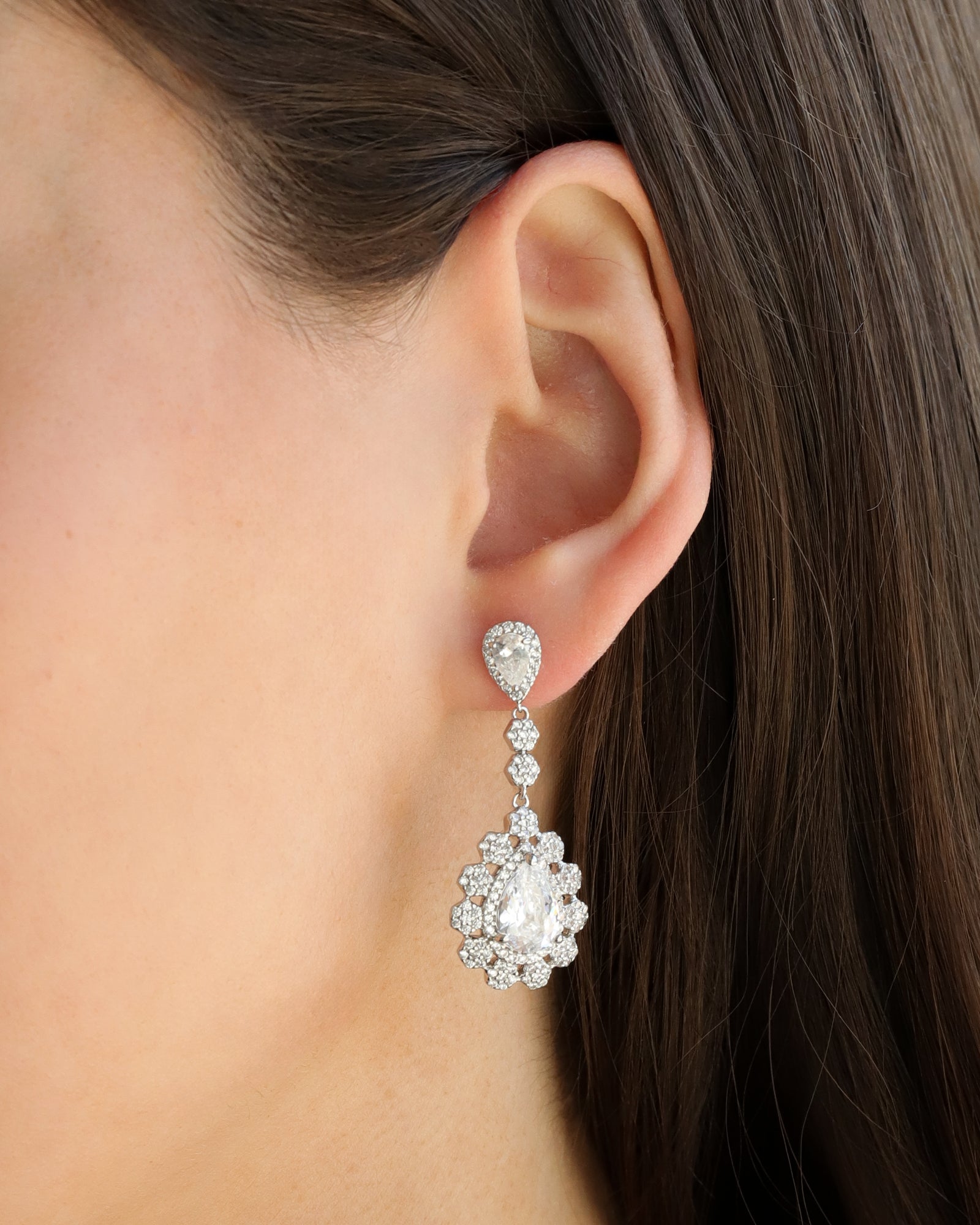 Teardrop Halo Flower Earrings Silver Plated, White Crystal