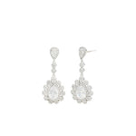 Teardrop Halo Flower Earrings Silver Plated, White Crystal