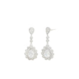 Teardrop Halo Flower Earrings Silver Plated, White Crystal