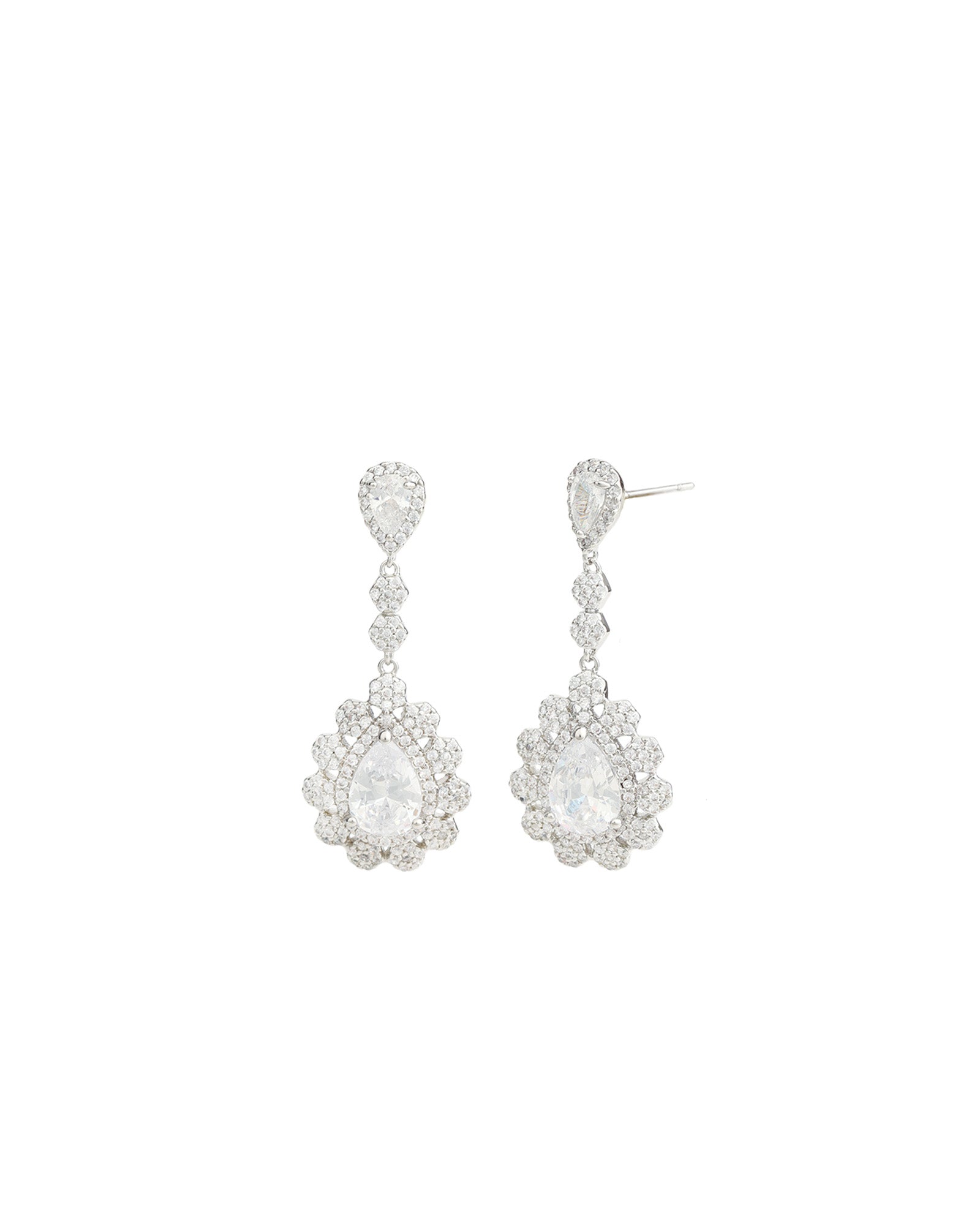 Teardrop Halo Flower Earrings Silver Plated, White Crystal