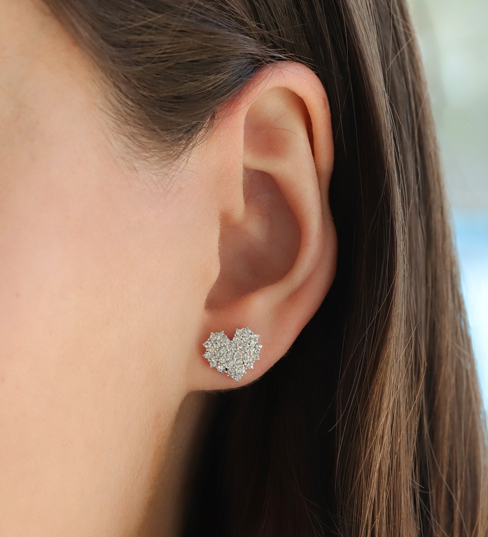 Pavé Heart Studs Silver Plated, White Crystal