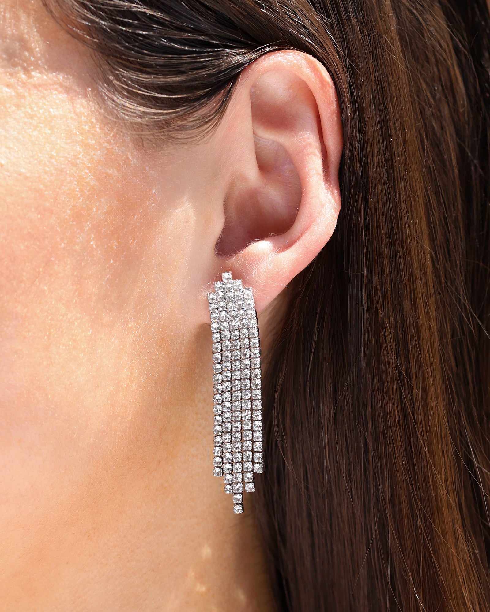 Crystal Waterfall Earrings Silver Plated, White Crystal