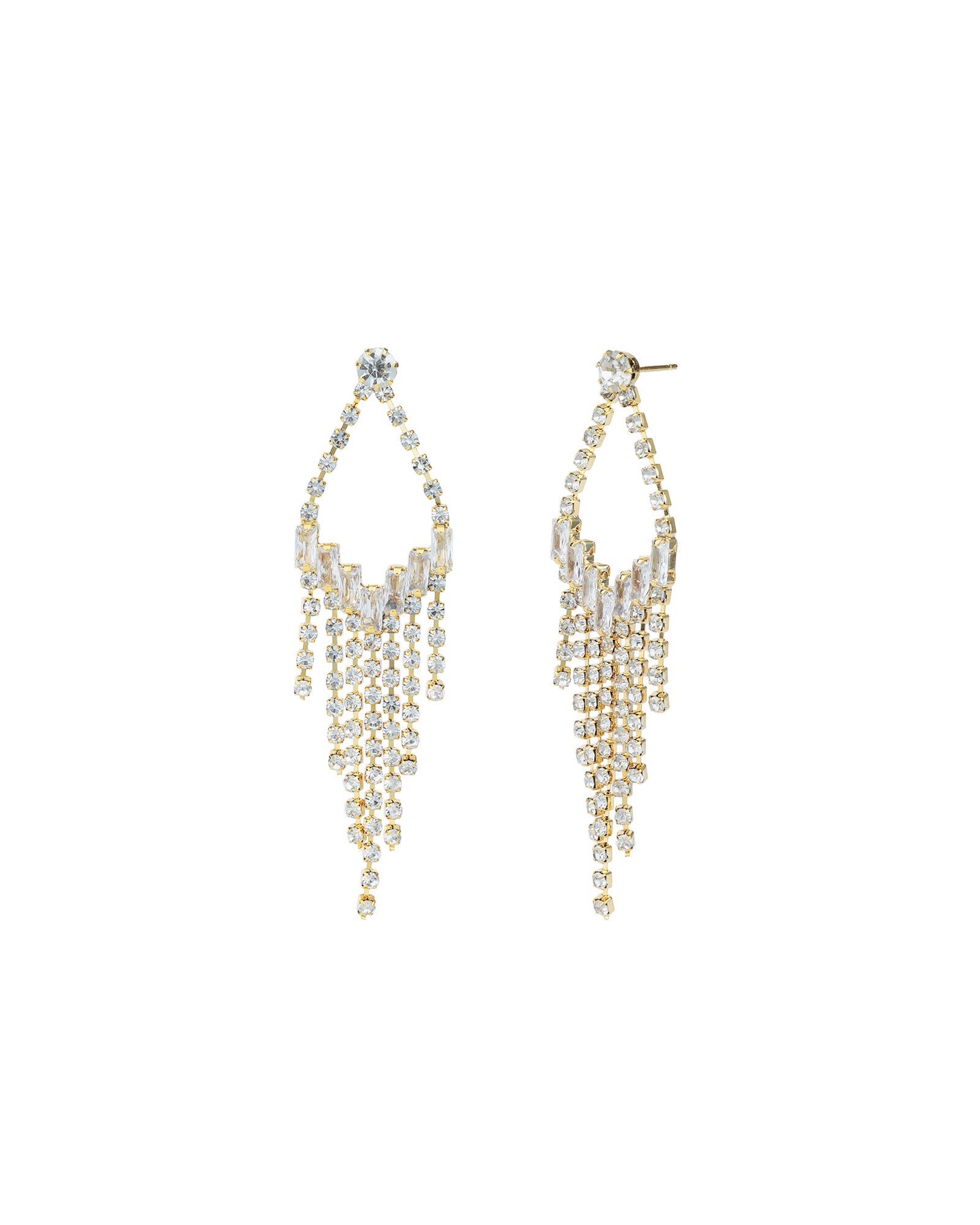 Open Teardrop Crystal Fringe Drop Earrings Gold Plated, White Crystal
