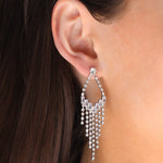 Open Teardrop Crystal Fringe Drop Earrings Silver Plated, White Crystal