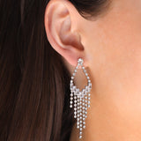 Open Teardrop Crystal Fringe Drop Earrings Silver Plated, White Crystal