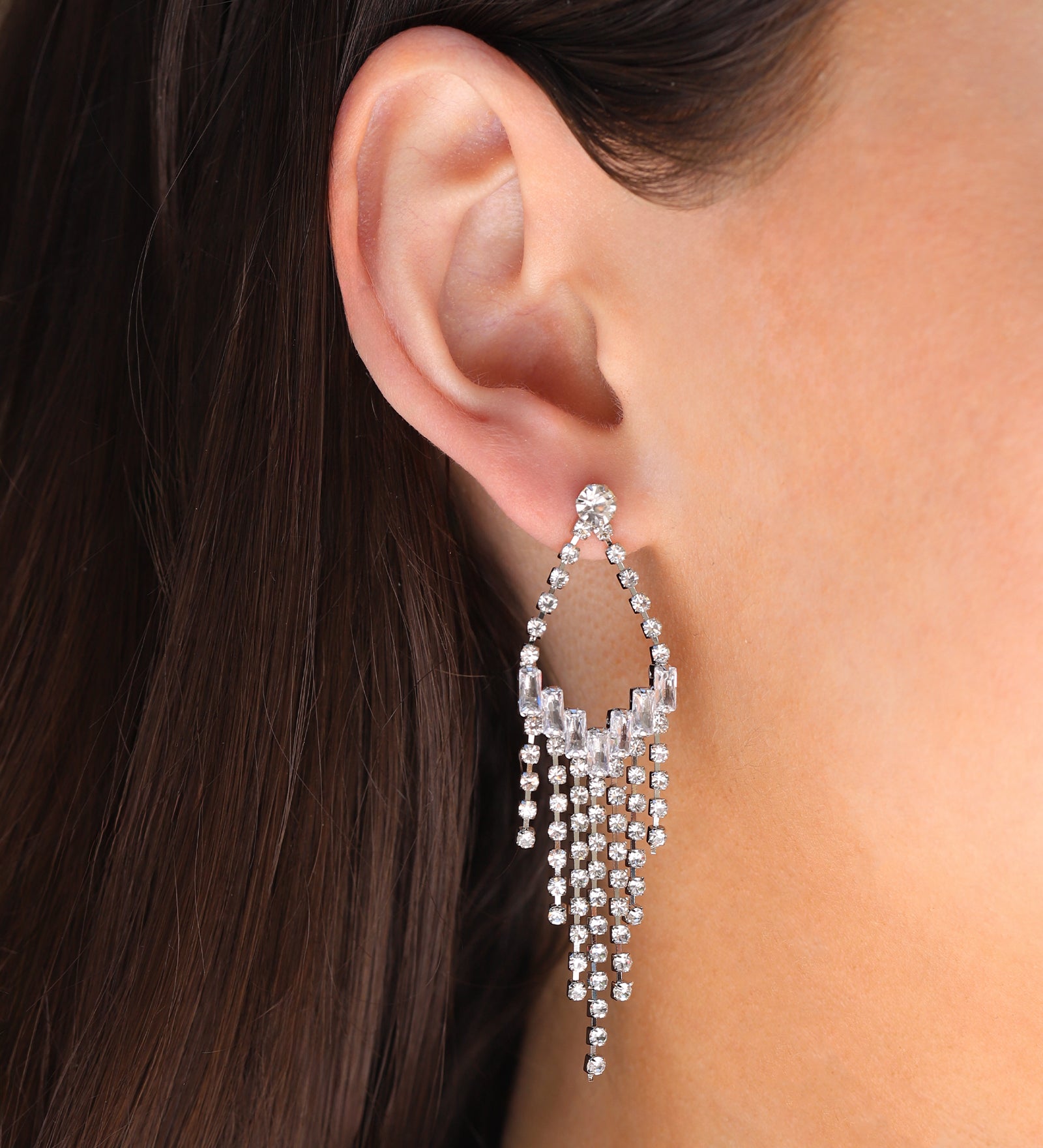 Open Teardrop Crystal Fringe Drop Earrings Silver Plated, White Crystal