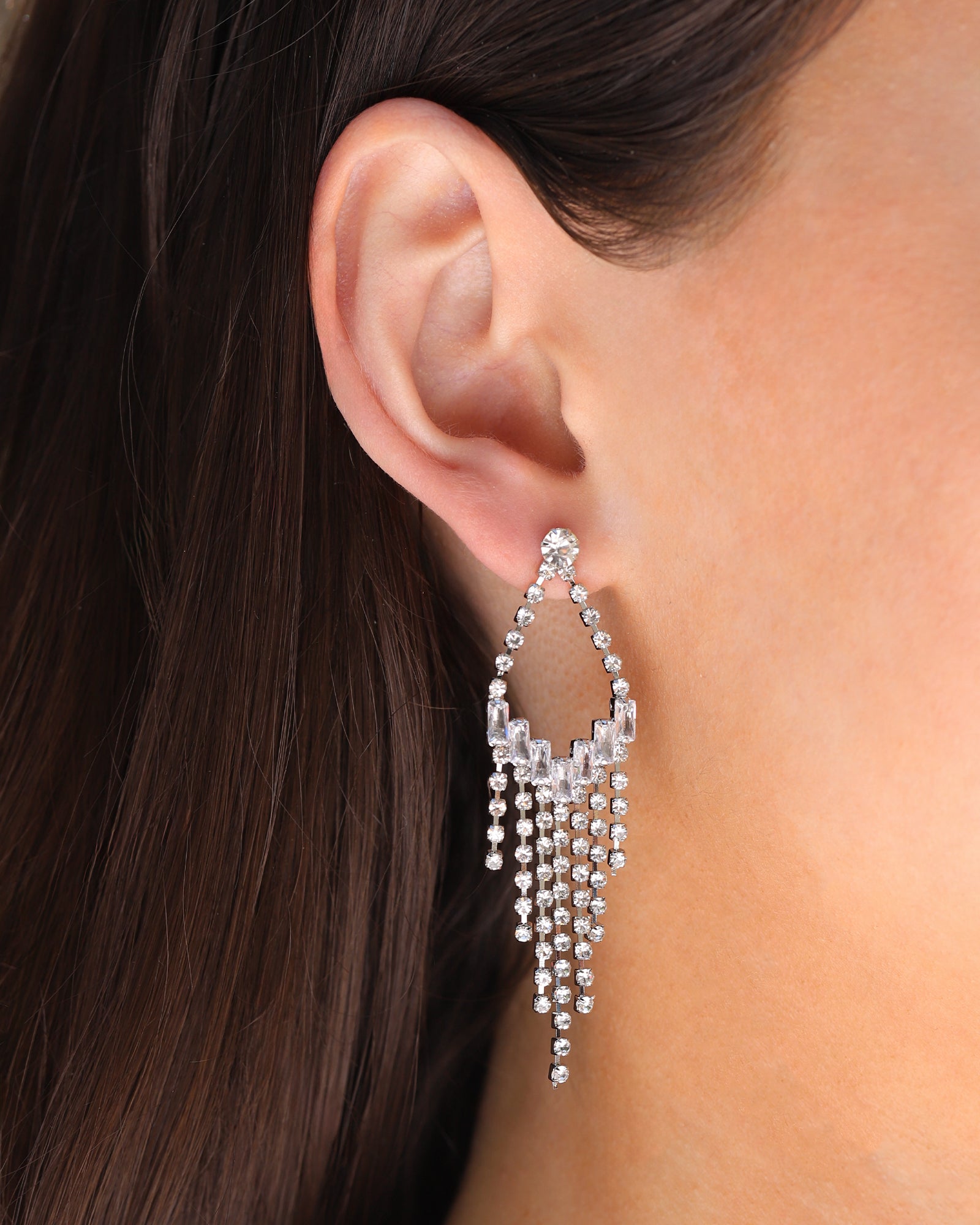 Open Teardrop Crystal Fringe Drop Earrings Silver Plated, White Crystal