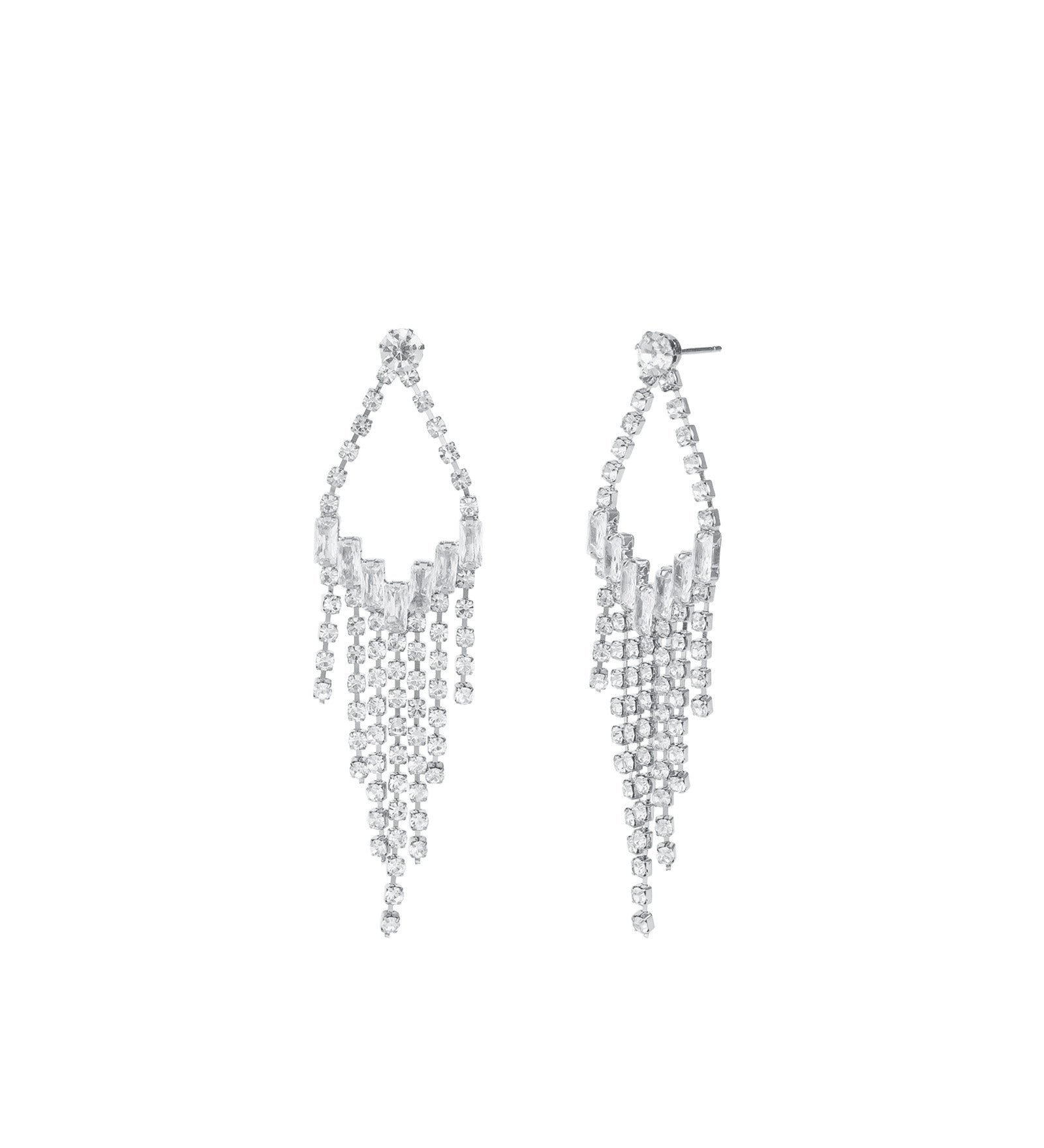 Open Teardrop Crystal Fringe Drop Earrings Silver Plated, White Crystal