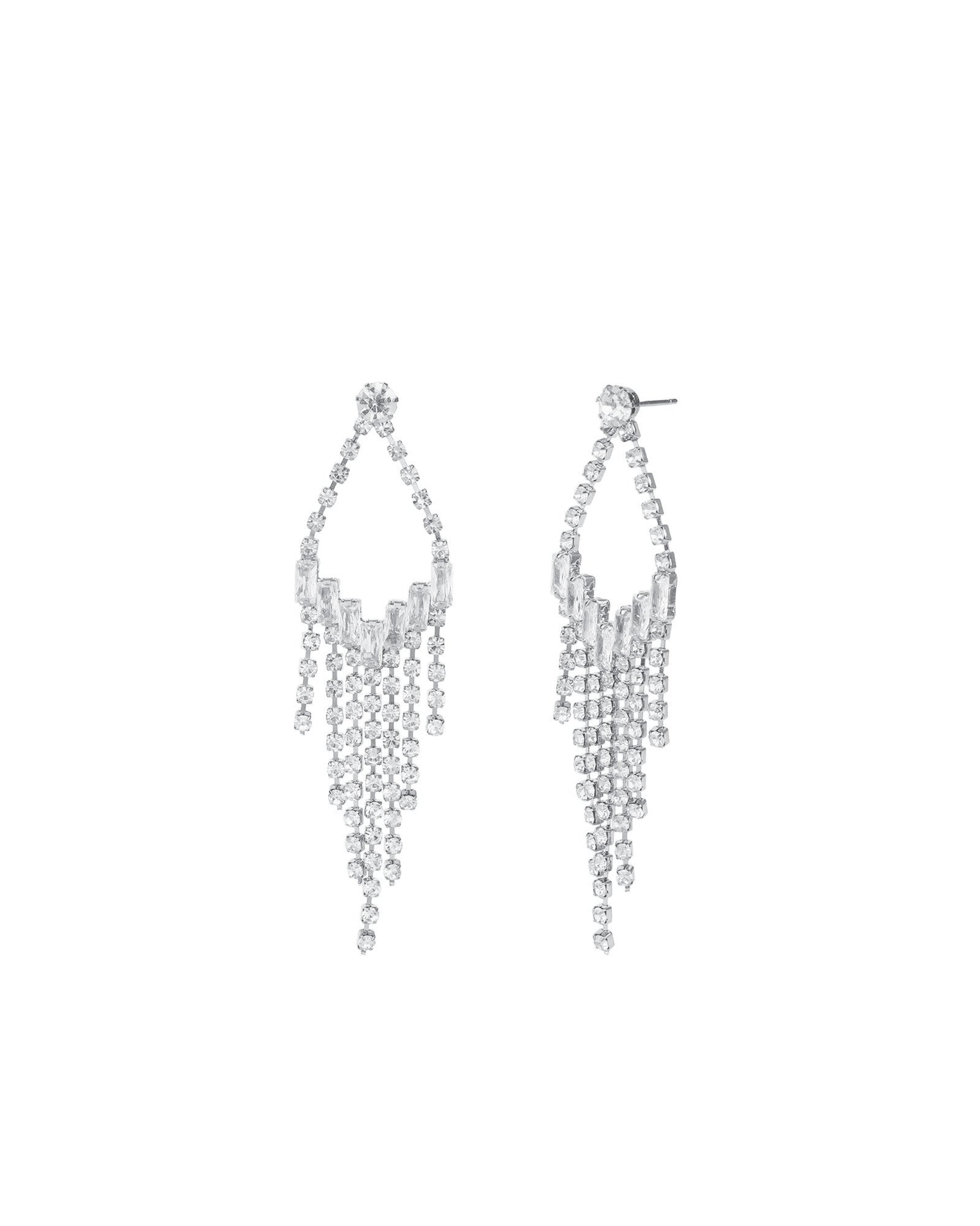 Open Teardrop Crystal Fringe Drop Earrings Silver Plated, White Crystal