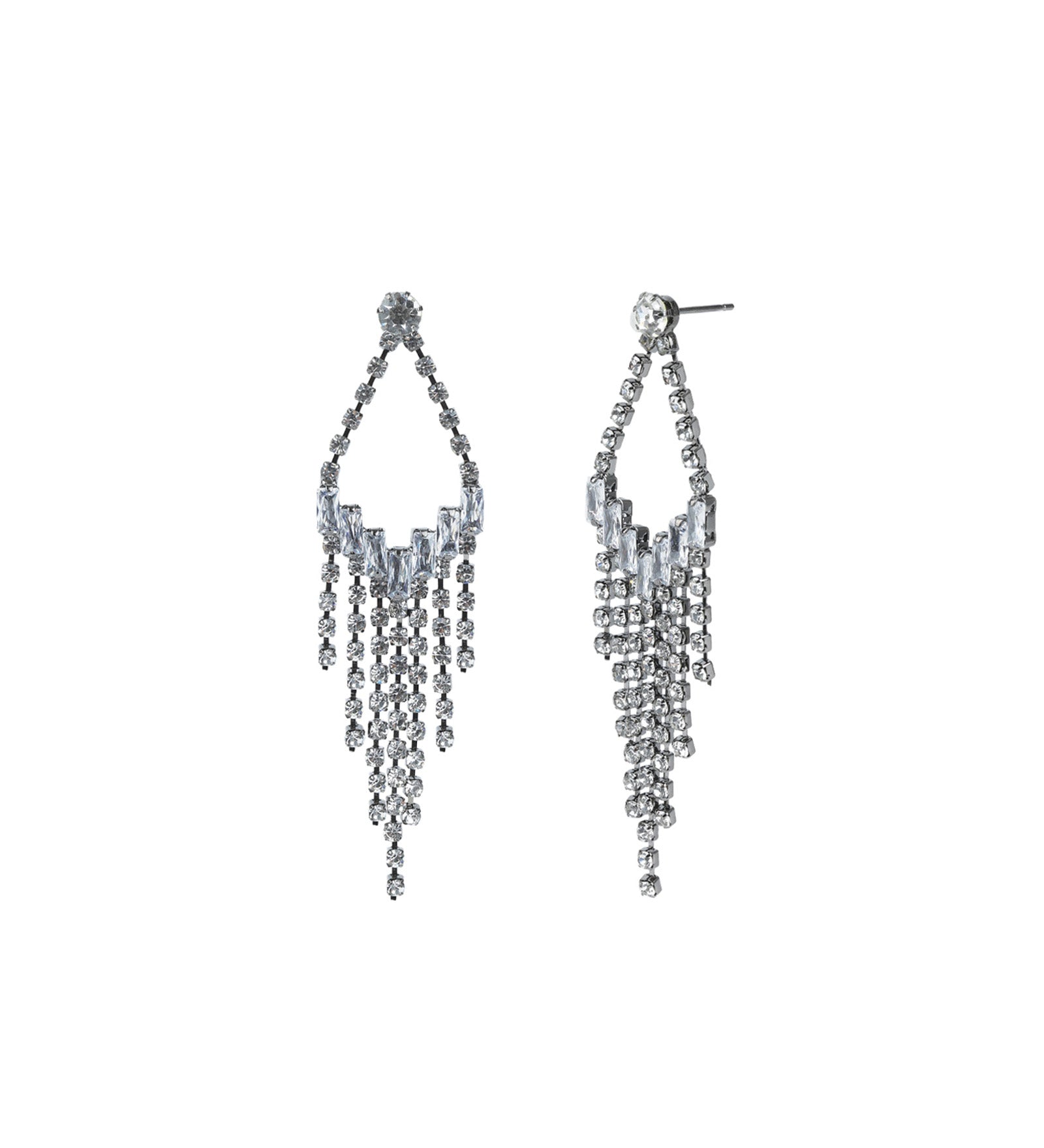 Open Teardrop Crystal Fringe Drop Earrings Gunmetal Plated, White Crystal