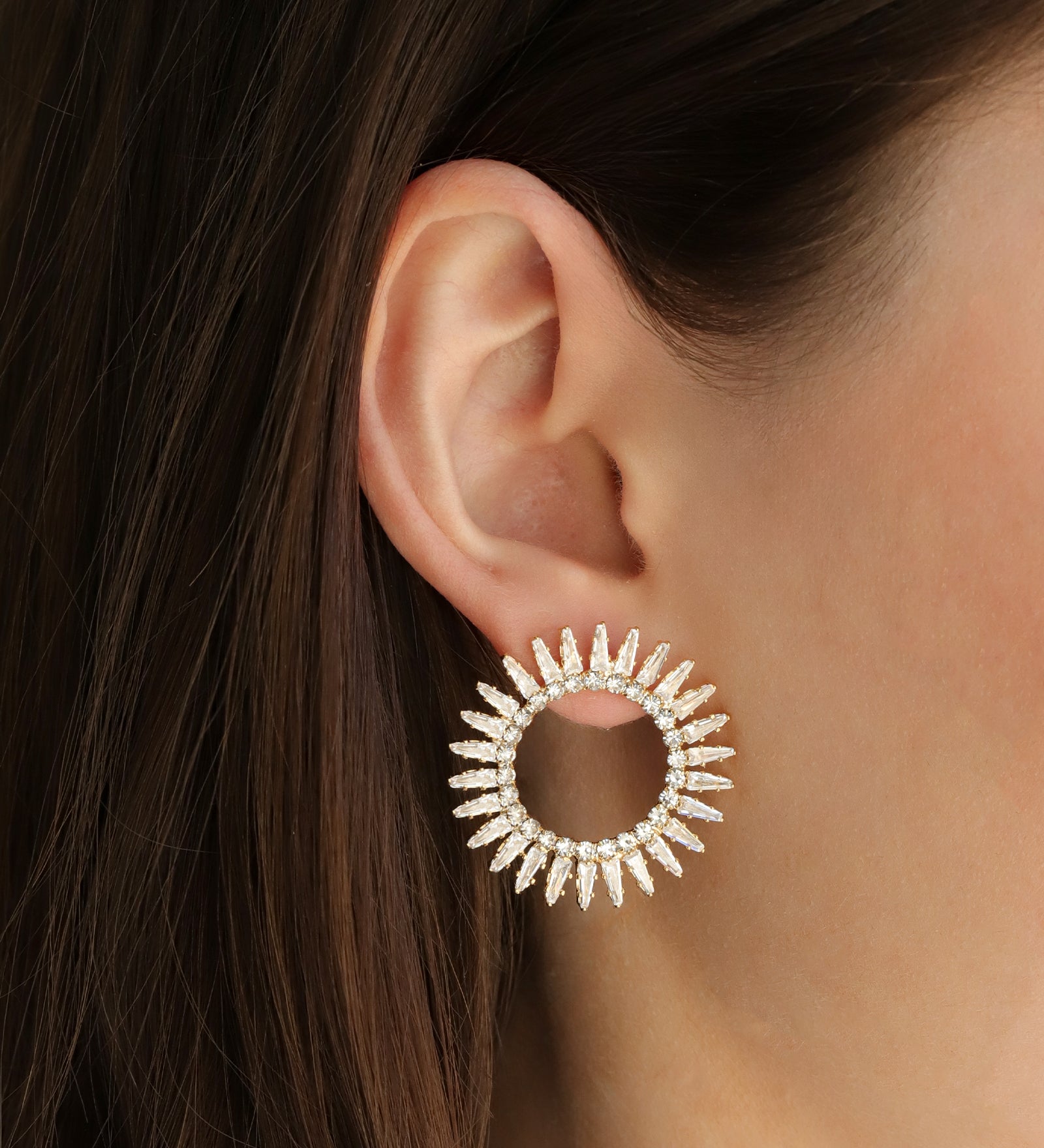 Open Starburst Crystal Earrings Gold Plated, Cubic Zirconia