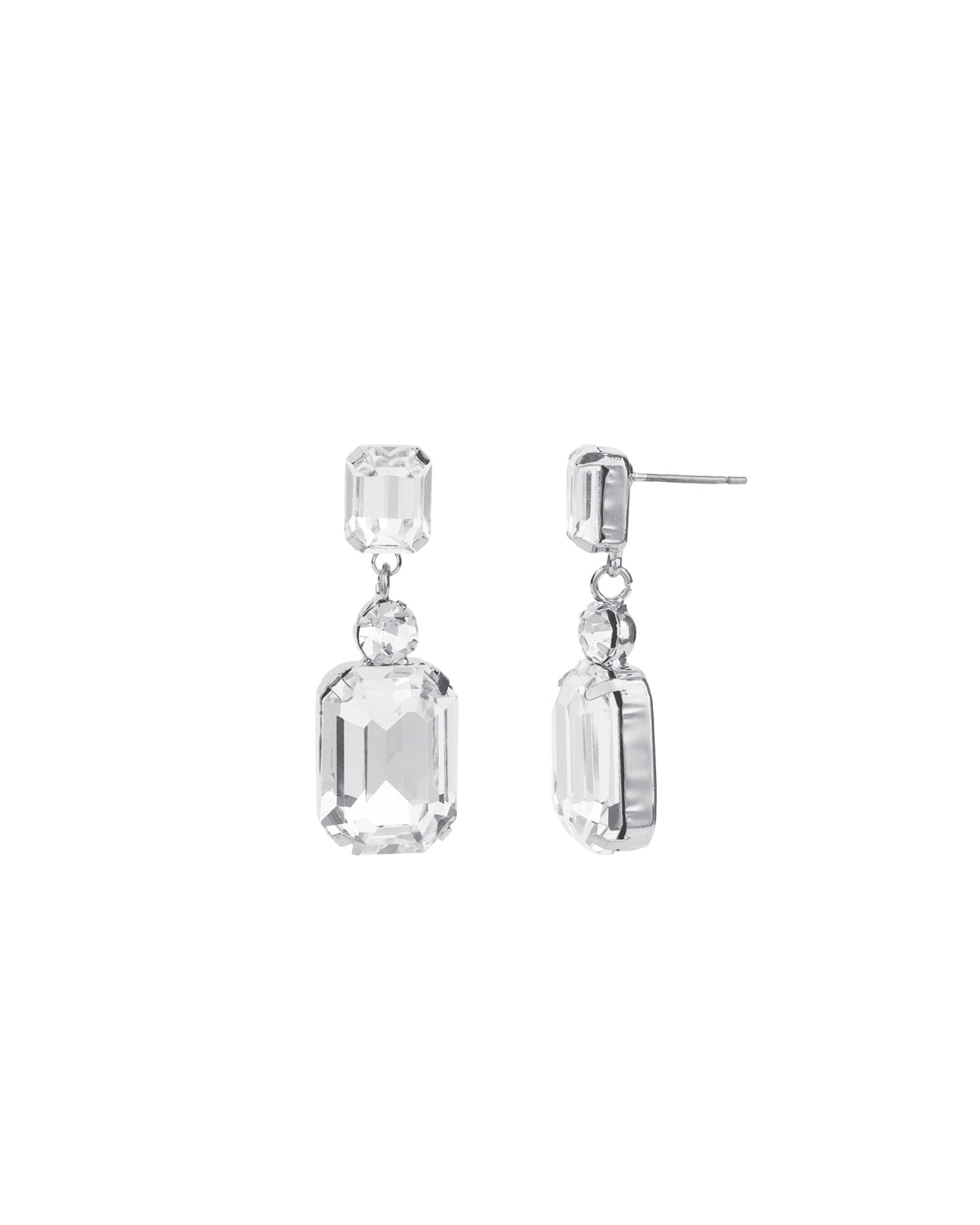 Emerald-Cut Crystal CZ Drop Earrings Silver Plated, White Crystal, Cubic Zirconia