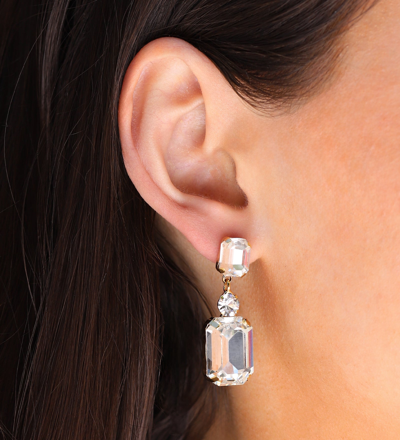 Emerald-Cut Crystal CZ Drop Earrings Gold Plated, White Crystal, Cubic Zirconia