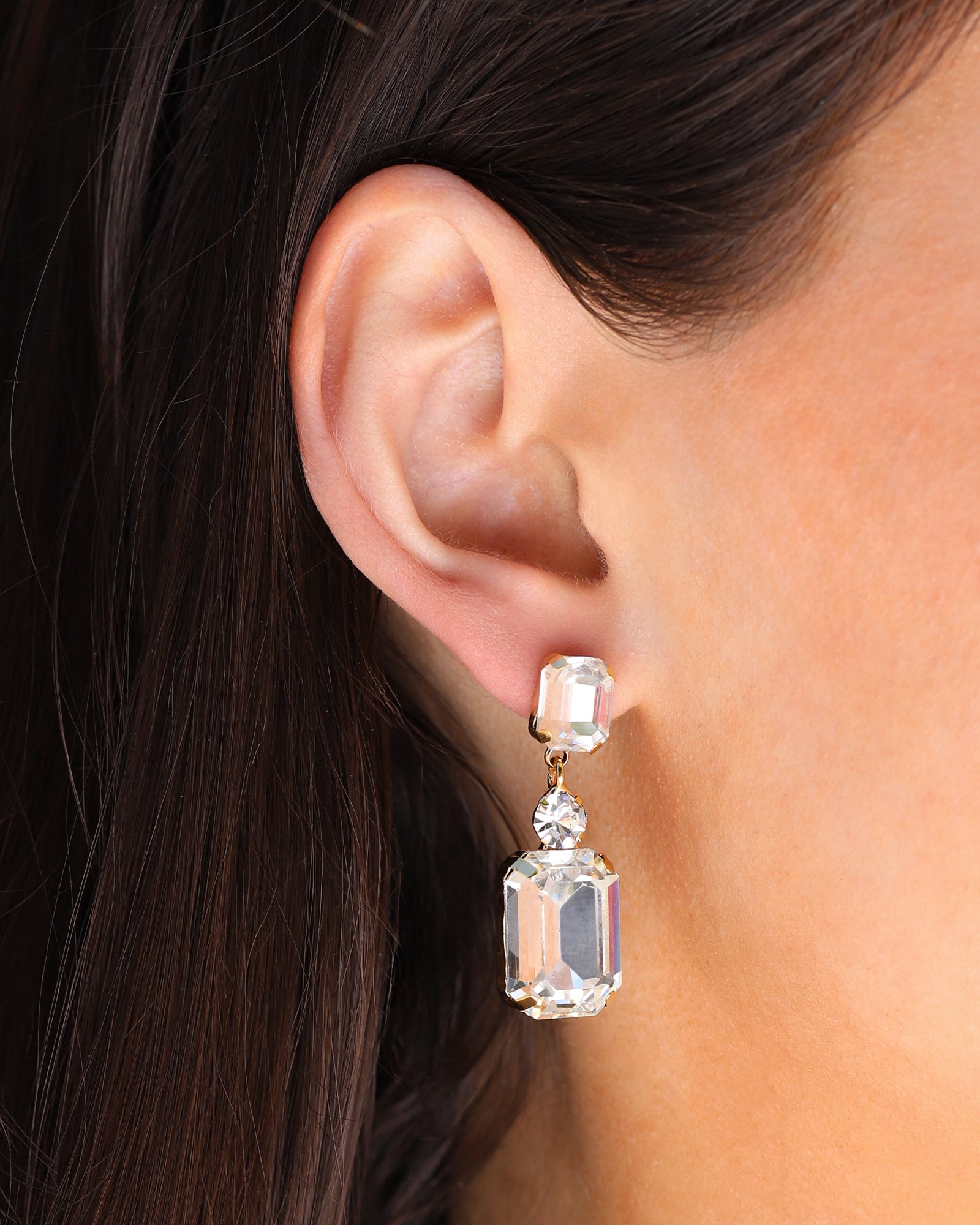 Emerald-Cut Crystal CZ Drop Earrings Gold Plated, White Crystal, Cubic Zirconia