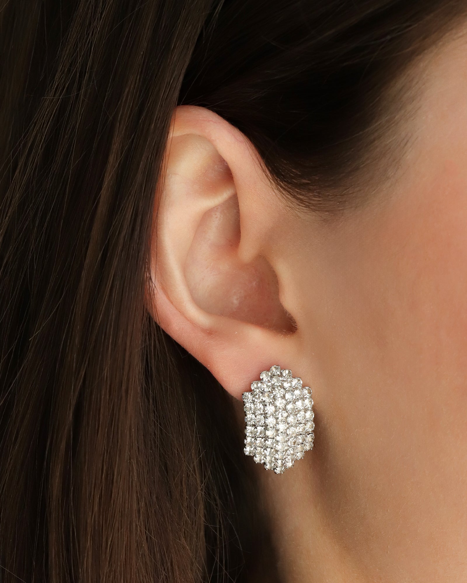 Pavé Oval Studs Silver Plated, White Crystal
