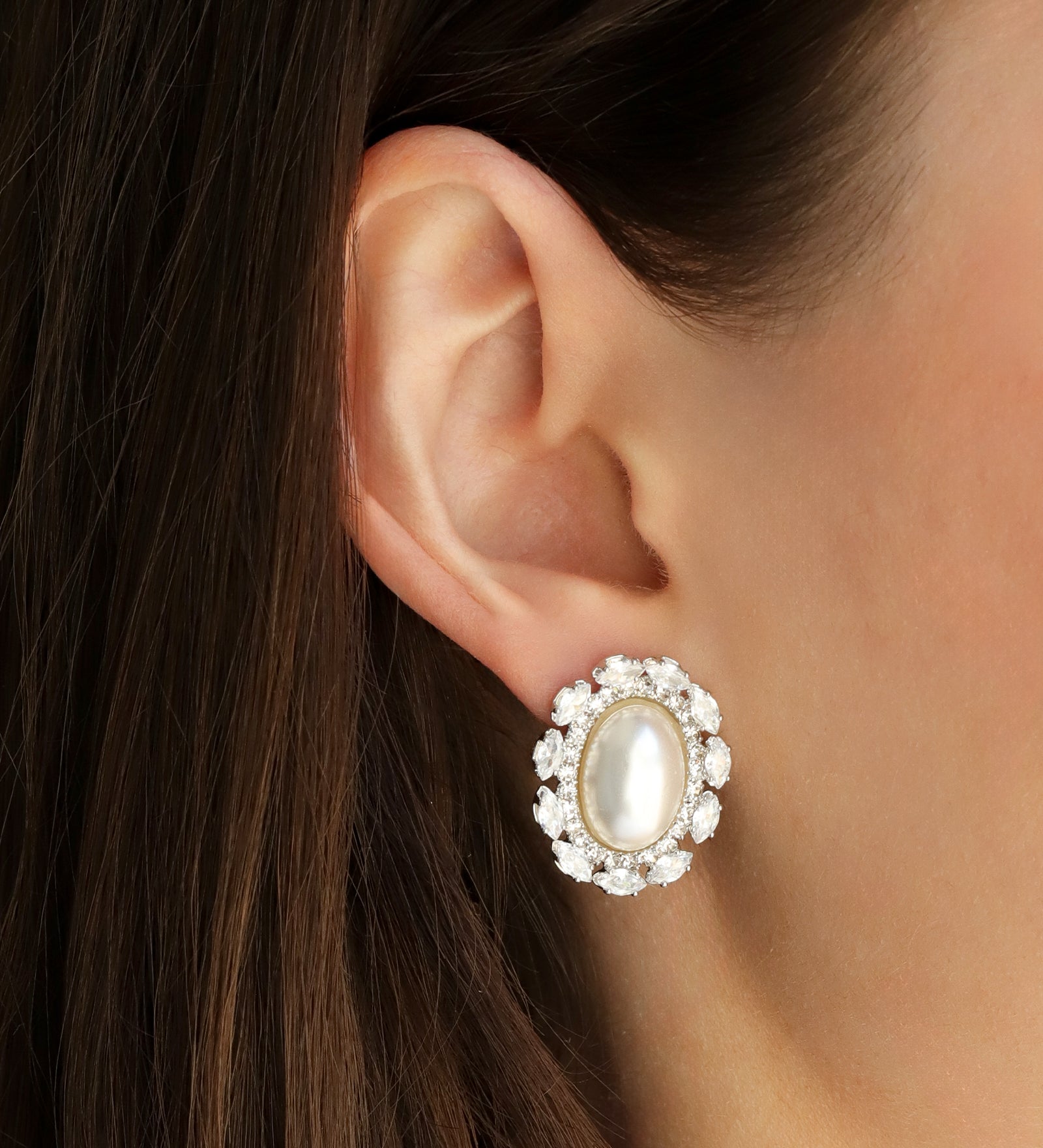 Oval Pearl CZ Halo Studs Silver Plated, Cubic Zirconia, White Pearl