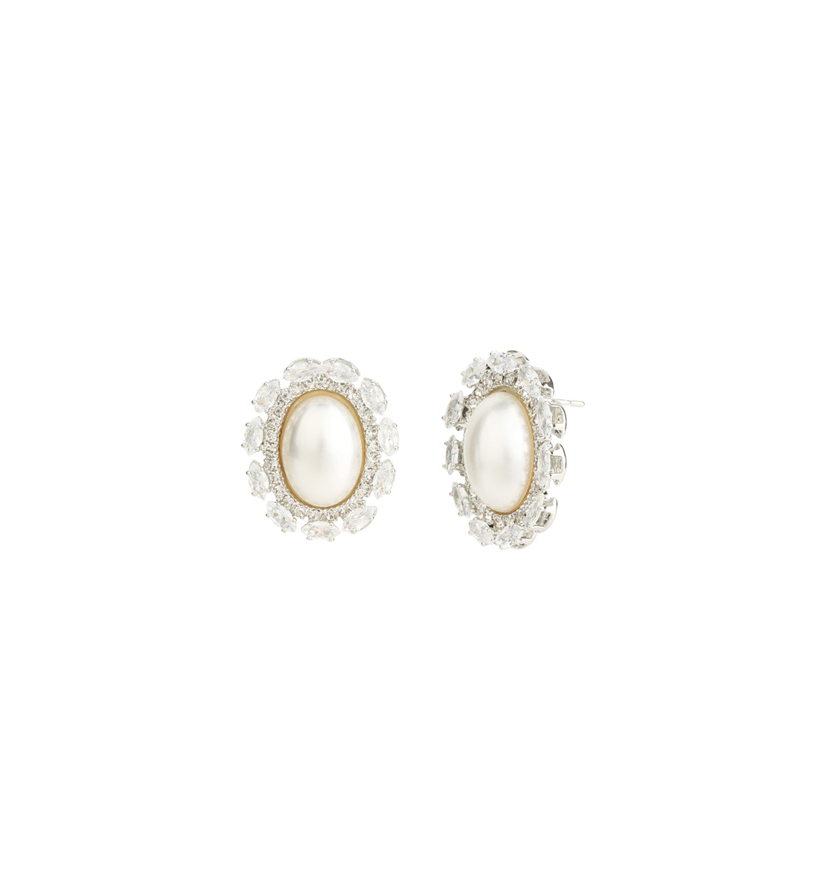 Oval Pearl CZ Halo Studs Silver Plated, Cubic Zirconia, White Pearl