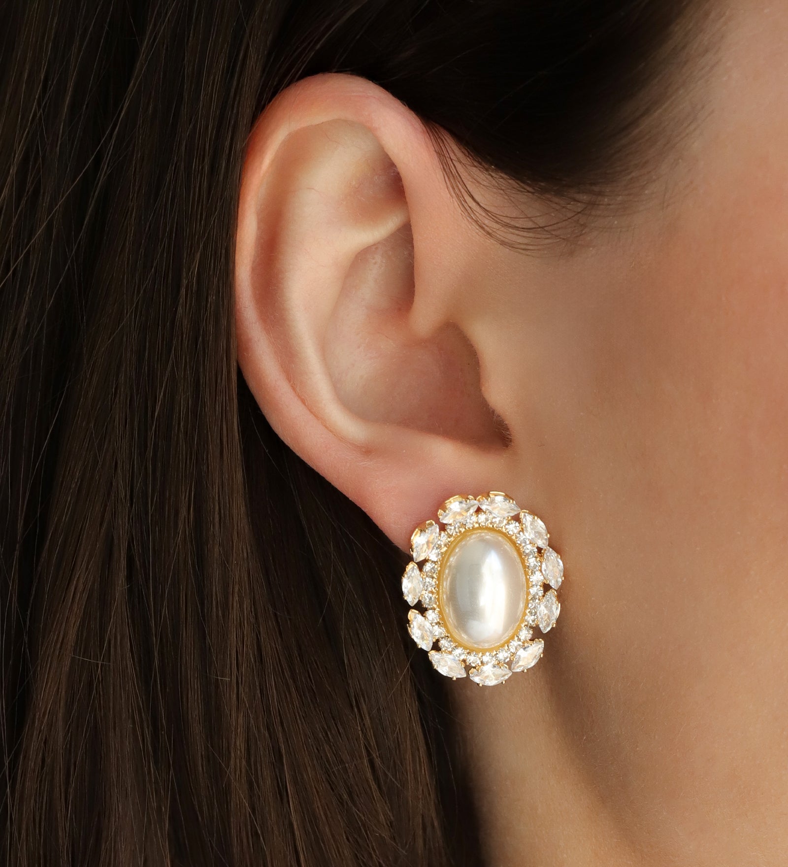 Oval Pearl CZ Halo Studs Gold Plated, Cubic Zirconia, White Pearl