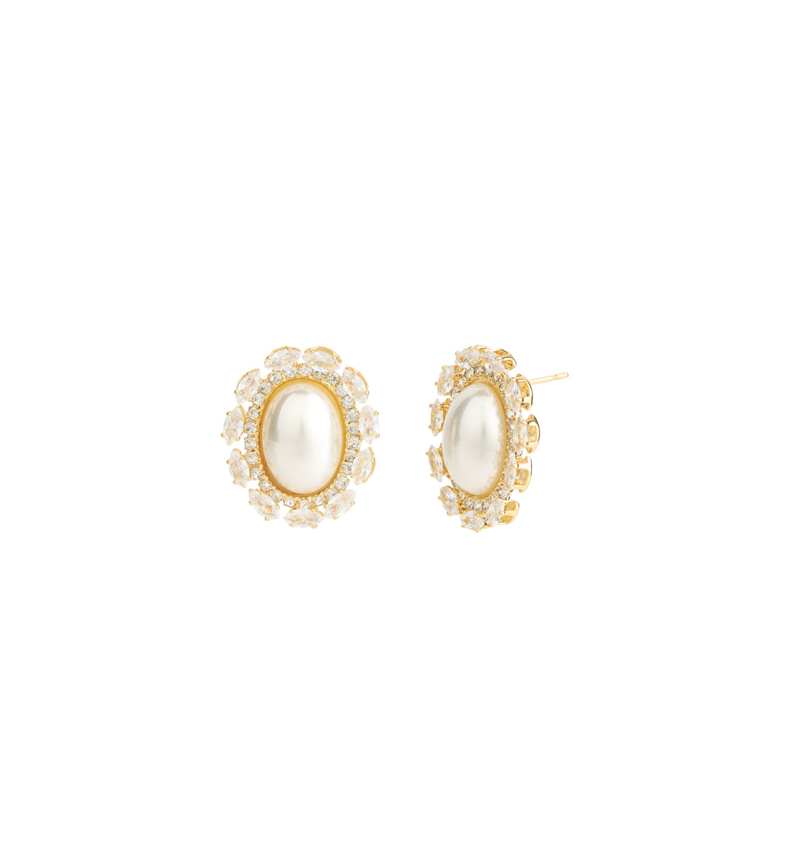 Oval Pearl CZ Halo Studs Gold Plated, Cubic Zirconia, White Pearl