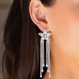 Star CZ Tassel Earrings Silver Plated, White Crystal, Cubic Zirconia