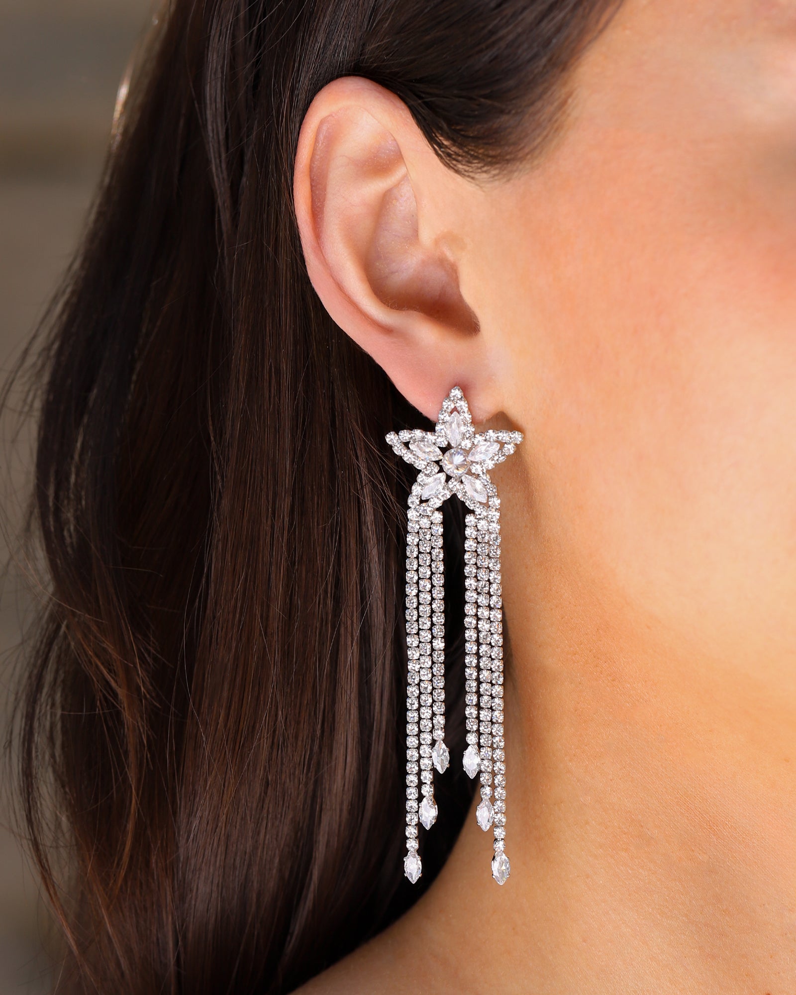 Star CZ Tassel Earrings Silver Plated, White Crystal, Cubic Zirconia
