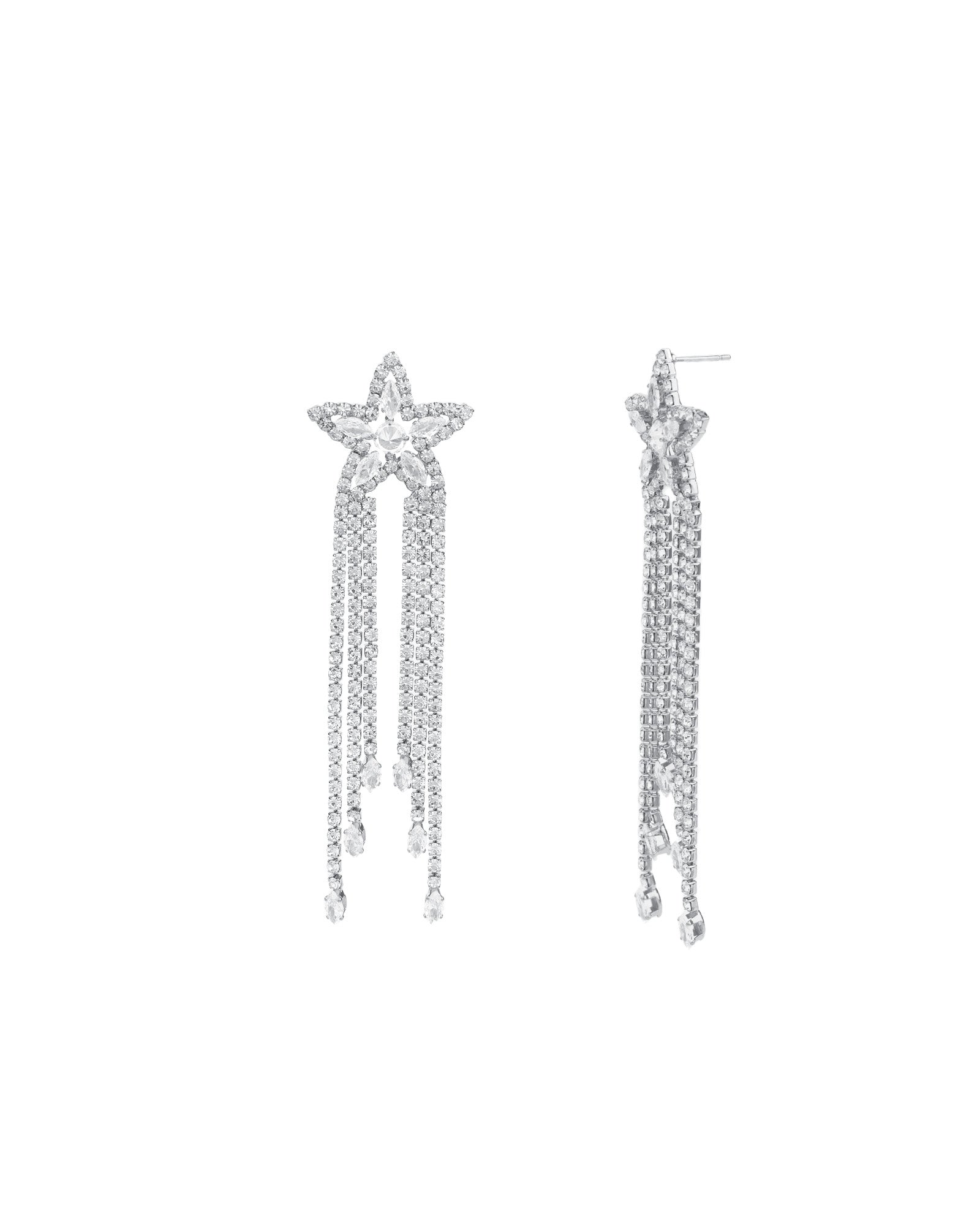 Star CZ Tassel Earrings Silver Plated, White Crystal, Cubic Zirconia