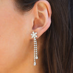 Flower 2 Row Crystal Drop Earrings Silver Plated, White Crystal