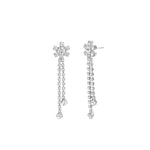 Flower 2 Row Crystal Drop Earrings Silver Plated, White Crystal