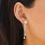 Flower 2 Row Crystal Drop Earrings Gold Plated, White Crystal