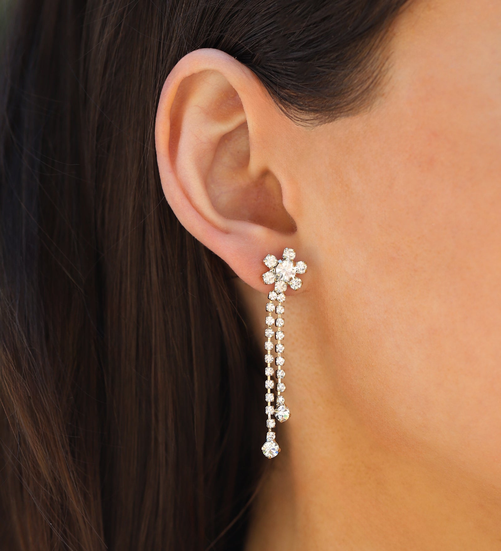 Flower 2 Row Crystal Drop Earrings Gold Plated, White Crystal