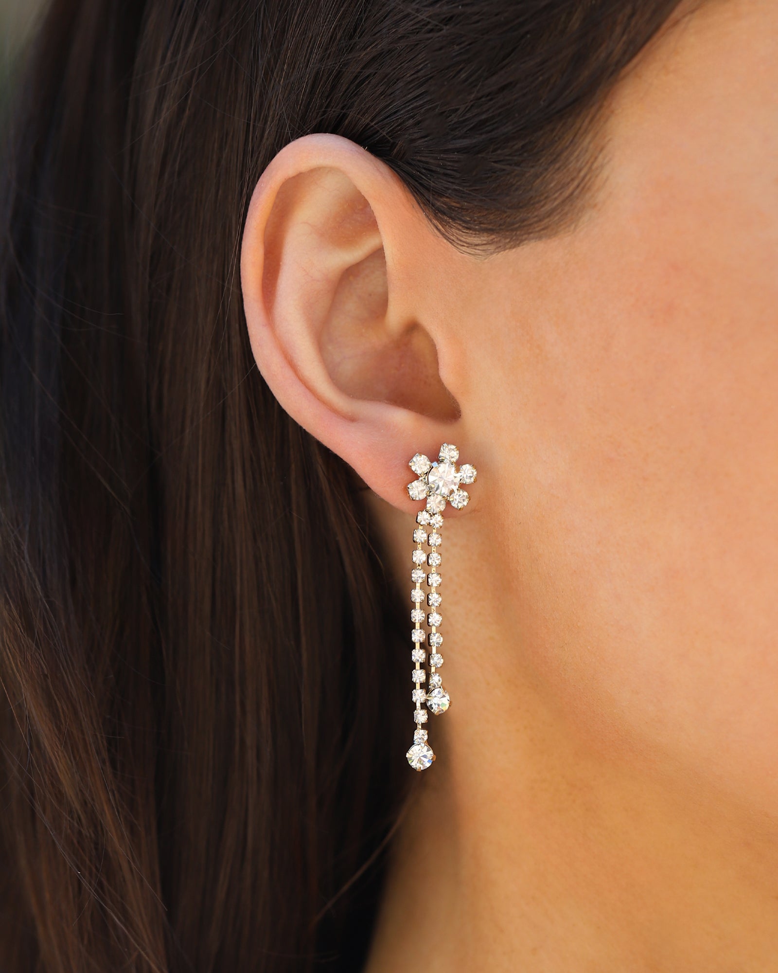 Flower 2 Row Crystal Drop Earrings Gold Plated, White Crystal