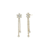 Flower 2 Row Crystal Drop Earrings Gold Plated, White Crystal