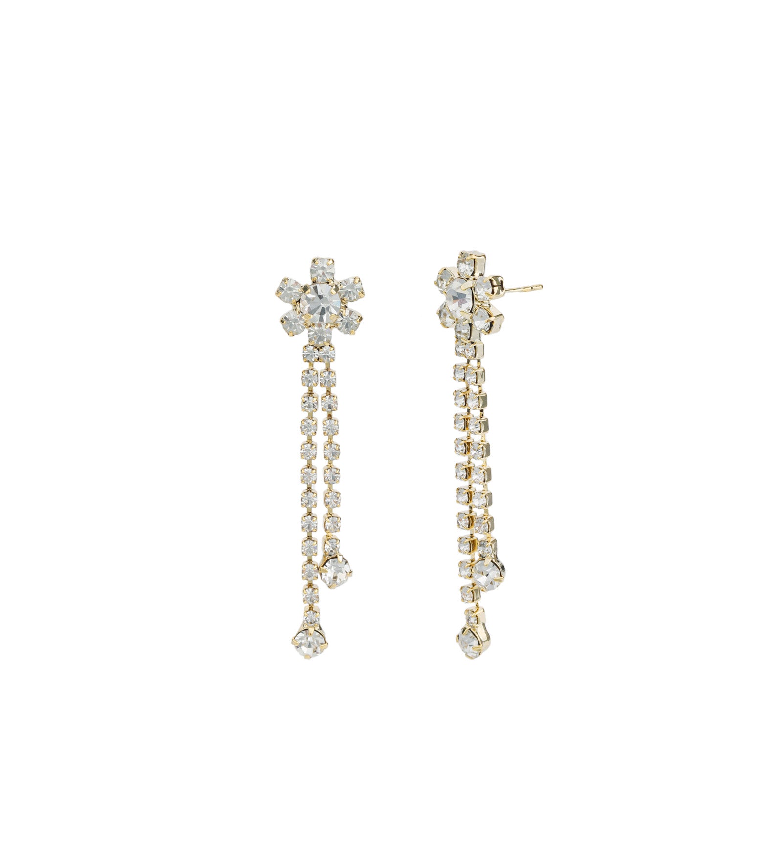 Flower 2 Row Crystal Drop Earrings Gold Plated, White Crystal
