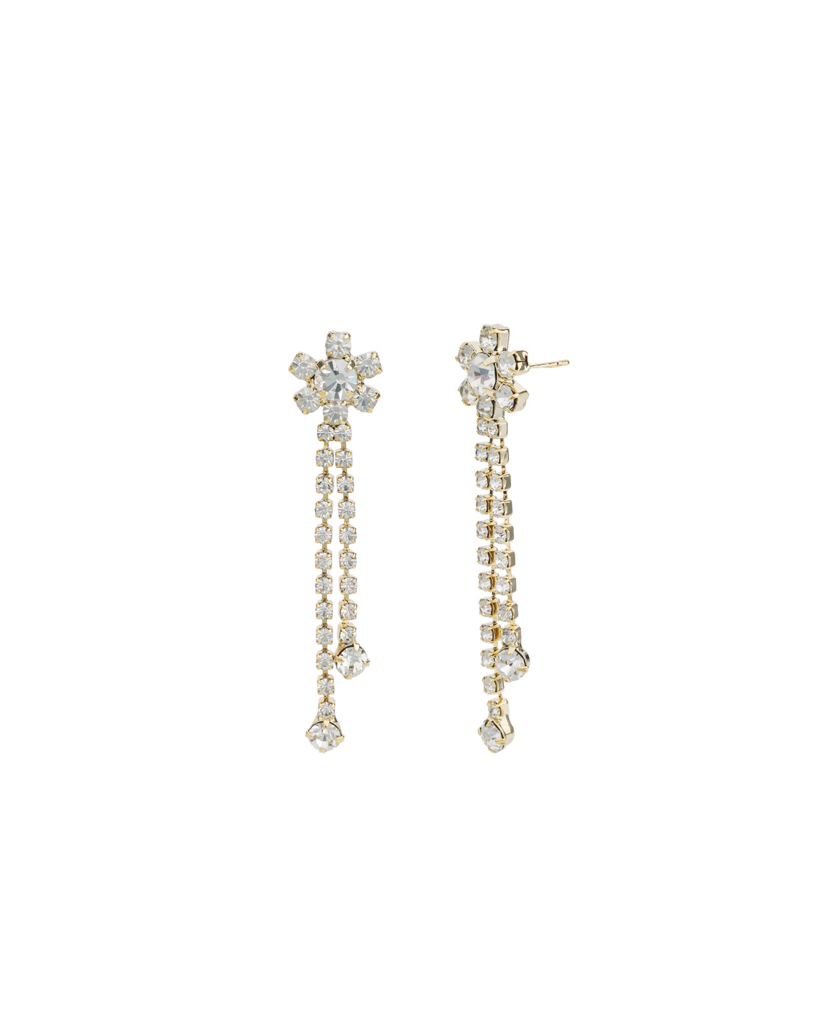 Flower 2 Row Crystal Drop Earrings Gold Plated, White Crystal