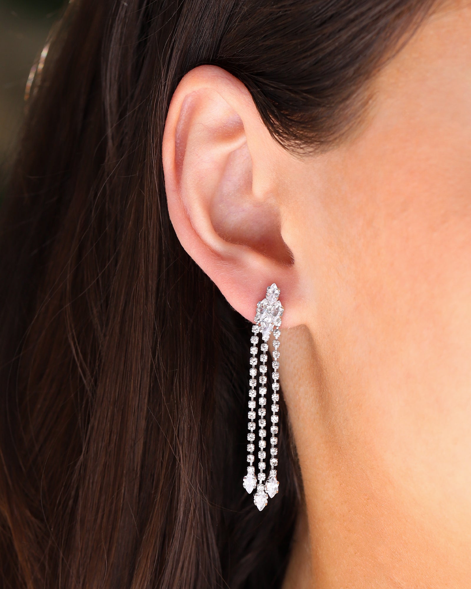3 Strand Crystal Drop Earrings Silver Plated, White Crystal